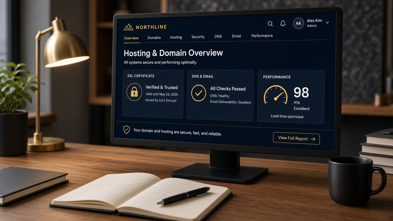 Managed LiteSpeed NVMe hosting, SSL padlock, and SPF/DKIM/DMARC email authentication dashboard